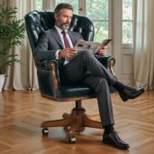 Professional man seated in a luxurious black leather executive swivel armchair, reading a newspaper in relaxation in a bright lounge with windows and plant, perfect for high-end executive furniture and elegant comfort.