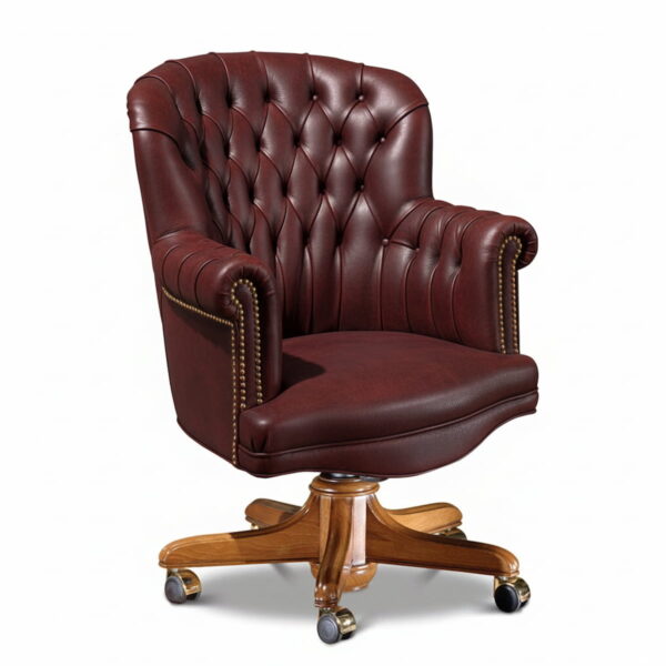 Poltrona in cuoio bordeaux con lavorazione capitonné, ideale per uffici direzionali di lusso e studi professionali classici