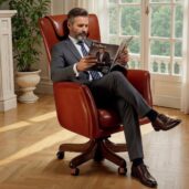 Luxurious brown leather executive swivel armchair with classic design, placed in a bright lounge with window overlooking outdoor greenery and plant, perfect for high-end home office furniture and warm, elegant comfort.