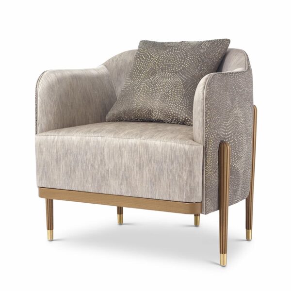 Modern upholstered armchair with elegant fabric, wooden legs with golden finish and matching cushion