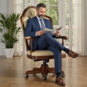 Smiling man in suit seated in a luxurious classic cream leather executive swivel armchair, reading a newspaper in a bright lounge with windows and plant, perfect for high-end home office furniture and elegant comfort.