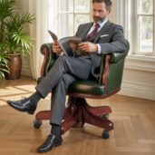 Luxurious dark green leather executive swivel armchair with classic design, placed in a bright lounge with window overlooking outdoor greenery and plant, perfect for high-end home office furniture and elegant comfort.