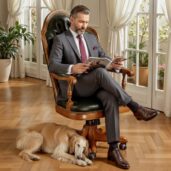 Luxurious dark green leather executive swivel armchair with classic design, placed in a bright lounge with windows overlooking outdoor greenery and plants, perfect for high-end home office furniture and elegant comfort.