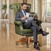 Poltrona direzionale girevole in pelle verde oliva di lusso con design classico, posizionata in un salotto luminoso con finestre, tende e piante, ideale per arredi home office di alta gamma e comfort elegante.