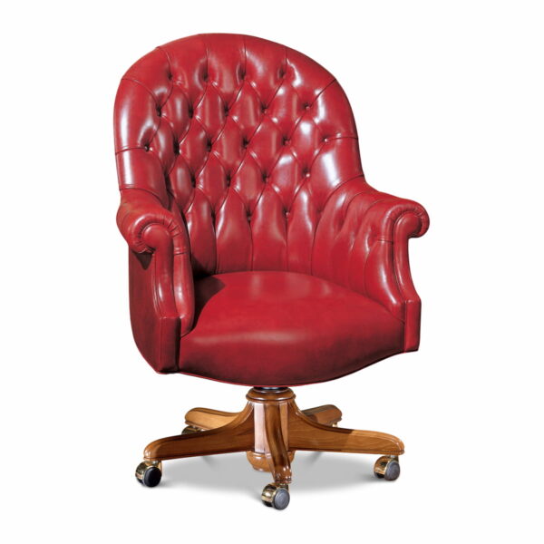Marzorati red leather executive armchair with capitonné backrest and solid wood base, luxury Italian office furniture