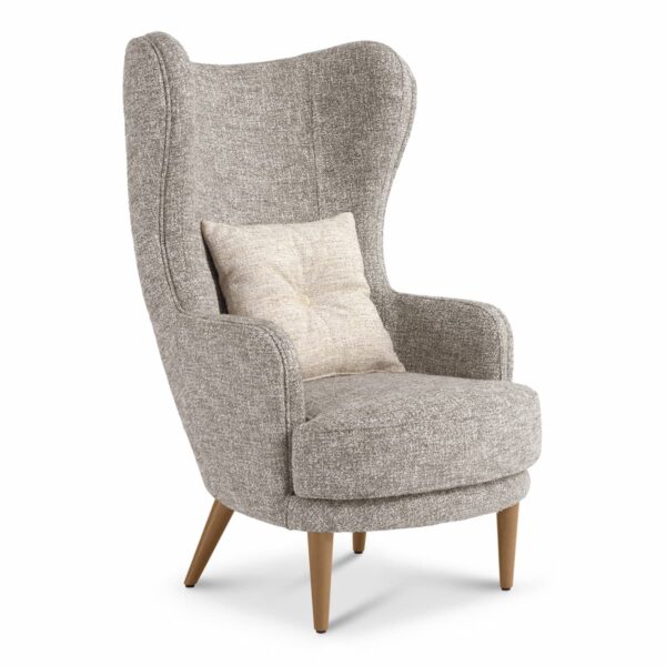 Modern grey fabric armchair with high backrest, wooden legs and decorative cushion