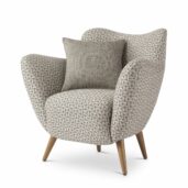 Poltrona moderna compatta con rivestimento in tessuto geometrico grigio, gambe in legno e cuscino coordinato