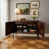 Роскошный дубовый буфет с инкрустацией, элементами из массива, отделкой сусальным золотом и элегантными латунными ручками, изготовленный вручную в Италии.