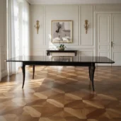 Extendable dining table handcrafted in burl veneer with glossy finish and elegant sculpted legs, ideal for luxury interiors.