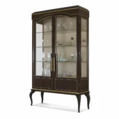 Luxury solid wood display cabinet with gold leaf details and glass doors for elegant living and dining interiors.