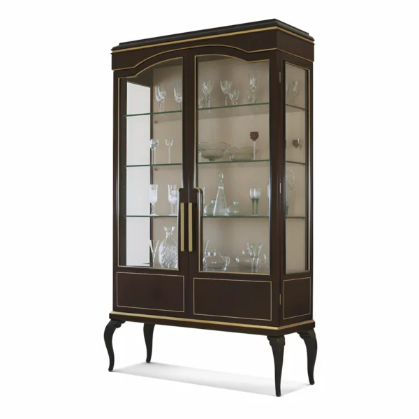 Vetrina di lusso in legno massello con finiture in foglia oro e ante in vetro per soggiorno e sala da pranzo.