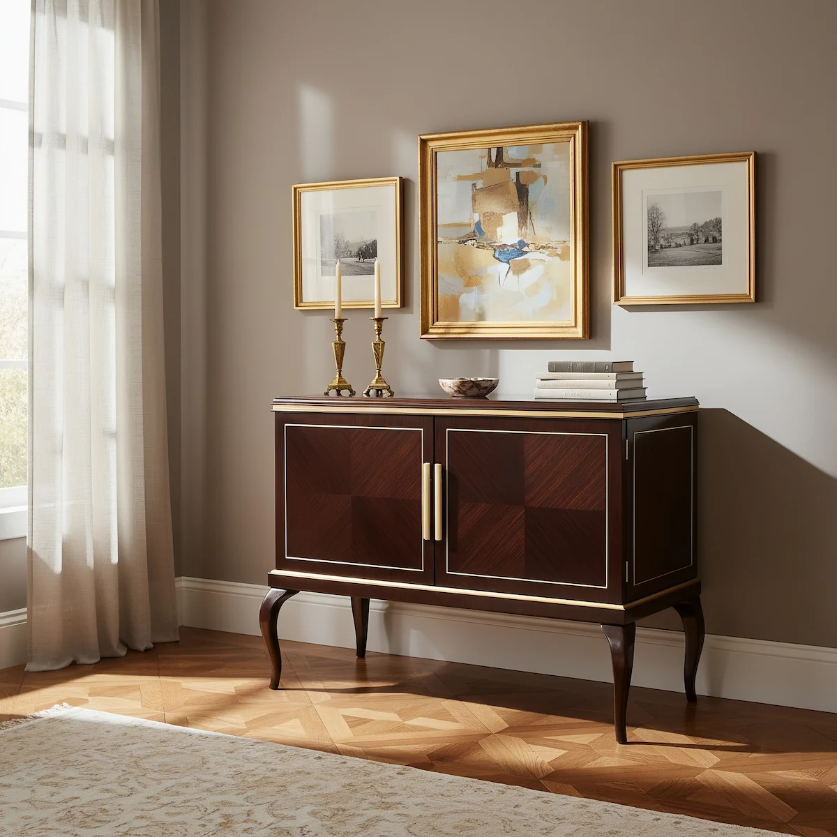 Инкрустированный буфет из дуба с позолотой и латунными ручками Роскошный дубовый буфет с инкрустацией, элементами из массива, отделкой сусальным золотом и элегантными латунными ручками, изготовленный вручную в Италии.