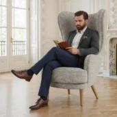 Современное роскошное кресло wingback в серой букле ткани с тафтинговой подушкой и коническими ножками, в роскошной гостиной обстановке.