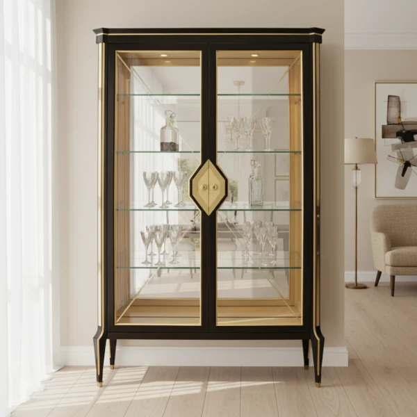 Vetrina di lusso in legno massello con colonne in ottone e ripiani in vetro, ideale per soggiorno o sala da pranzo.