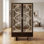 Luxury dark wood display cabinet with gold accents and glass shelves, perfect for living or dining rooms.