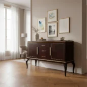 Luxury inlaid oak sideboard with solid wood accents, gold leaf finish and elegant brass handles, handcrafted in Italy.