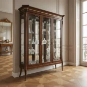 Vetrina classica a tre ante in massello di noce con vetri e ripiani in cristallo, ideale per soggiorni e sale da pranzo di lusso.