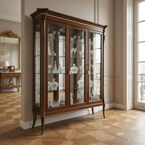 Vetrina classica a tre ante in massello di noce con vetri e ripiani in cristallo, ideale per soggiorni e sale da pranzo di lusso.