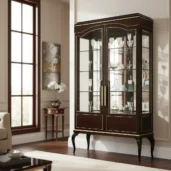 Luxury solid wood display cabinet with gold leaf details and glass doors for elegant living and dining interiors.
