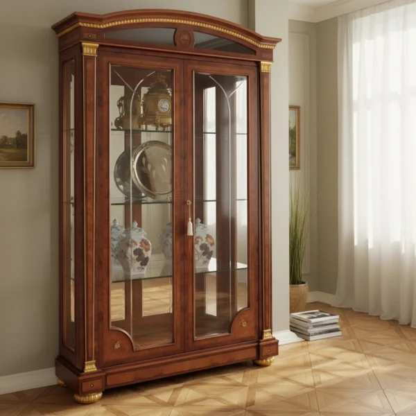 Vetrina artigianale in stile Impero in legno intarsiato con finiture in foglia oro e dettagli in ottone, realizzata in Italia da Marzorati.