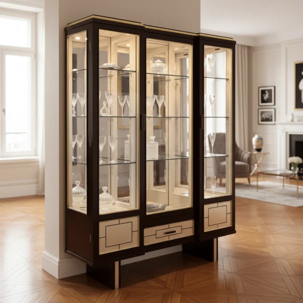 Luxury dark wood display cabinet with gold accents and glass shelves, perfect for living or dining rooms.