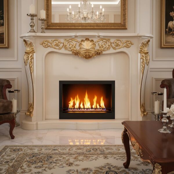 Hand-carved solid limewood fireplace mantel surround with ivory patina lacquer and gold leaf accents, crafted in classic Italian style.