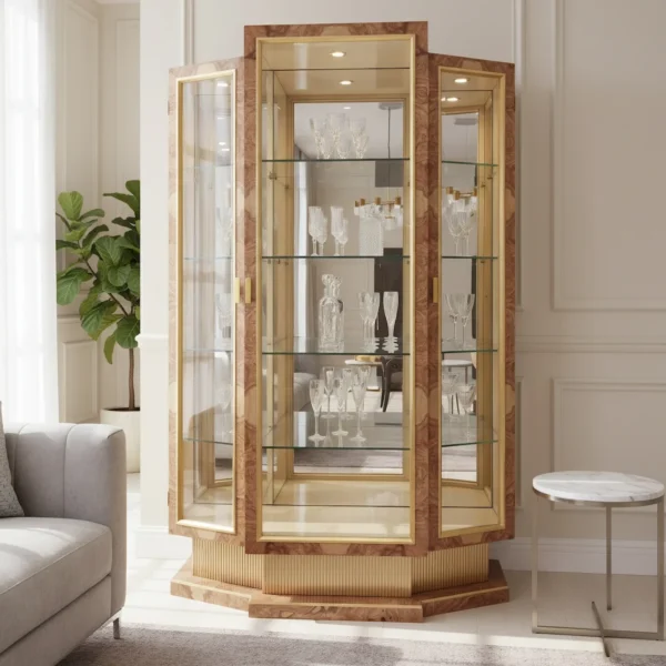 Luxury wooden display cabinet with gold accents and glass shelves, ideal for living or dining spaces.