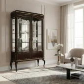 Luxury solid wood display cabinet with gold leaf details and glass doors for elegant living and dining interiors.