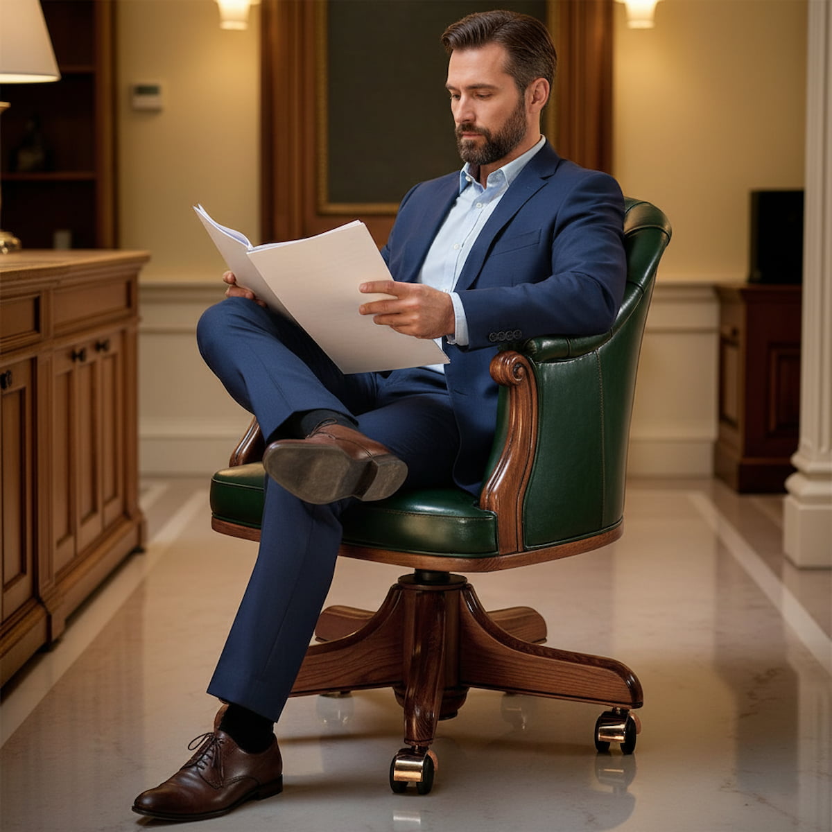 Poltrona presidenziale SHAKESPEARE in pelle verde — Marzorati Poltrona presidenziale SHAKESPEARE in pelle verde con lavorazione capitonné e base girevole in legno massello, realizzata artigianalmente in Italia da Marzorati