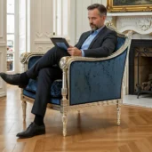 Luxury blue velvet armchair with hand-carved gilded wood frame, Louis XVI style, set in a classic living room.
