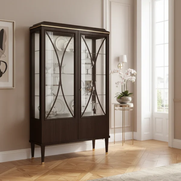 Vetrina di lusso in legno massello di noce con ante in vetro e ripiani in cristallo, ideale per soggiorno e sala da pranzo