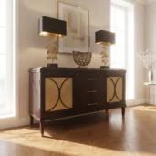 Credenza di lusso in rovere tinto scuro con raffinati dettagli in foglia oro, realizzata artigianalmente in Italia.
