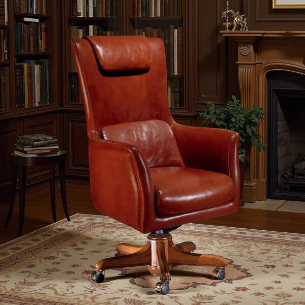 Elegant high-back executive armchair in premium brown leather with wooden swivel base, crafted by Marzorati for luxury offices.
