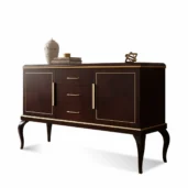 Luxury inlaid oak sideboard with solid wood accents, gold leaf finish and elegant brass handles, handcrafted in Italy.