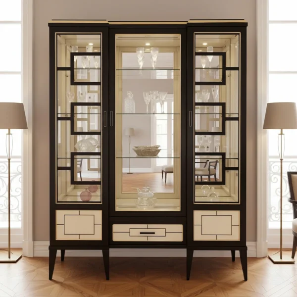 Luxury dark wood display cabinet with gold accents and glass shelves, perfect for living or dining rooms.