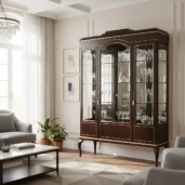 Luxury solid wood display cabinet with gold leaf details and glass doors for elegant living and dining interiors.