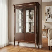 Classic solid walnut display cabinet with glass doors and crystal shelves, perfect for luxury living and dining interiors.