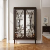Luxury solid walnut display cabinet with glass doors and crystal shelves, ideal for elegant living and dining rooms