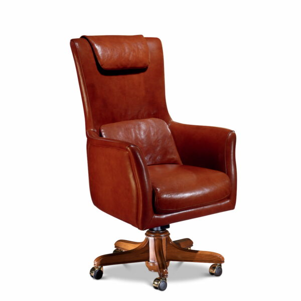Elegant high-back executive armchair in premium brown leather with wooden swivel base, crafted by Marzorati for luxury offices.
