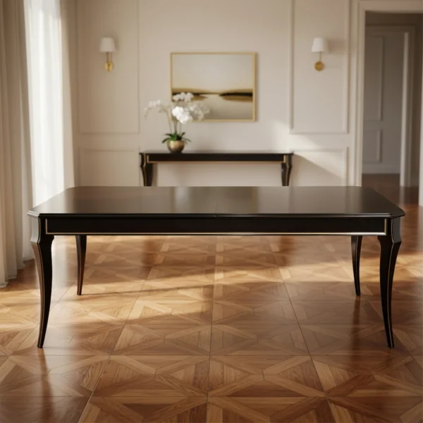 Расширяемый обеденный стол, отделанный шпоном капа, выполненный вручную с глянцевым покрытием и изящно изогнутыми ножками, идеально подходит для роскошных интерьеров.