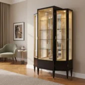 Vetrina di lusso in legno con profili dorati e ripiani in vetro, ideale per soggiorno o sala da pranzo.
