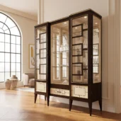 Vetrina di lusso in legno scuro con profili dorati e ripiani in vetro, ideale per soggiorno o sala da pranzo.