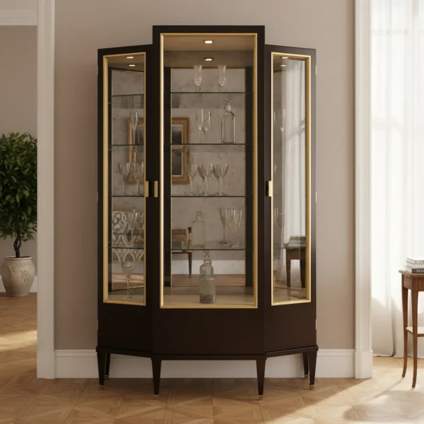 Vetrina di lusso in legno con profili dorati e ripiani in vetro, ideale per soggiorno o sala da pranzo.