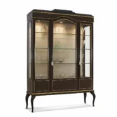 Luxury solid wood display cabinet with gold leaf details and glass doors for elegant living and dining interiors.