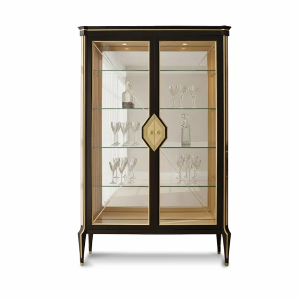 Vetrina di lusso in legno massello con colonne in ottone e ripiani in vetro, ideale per soggiorno o sala da pranzo.