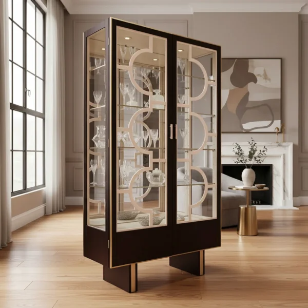 Luxury dark wood display cabinet with gold accents and glass shelves, perfect for living or dining rooms.