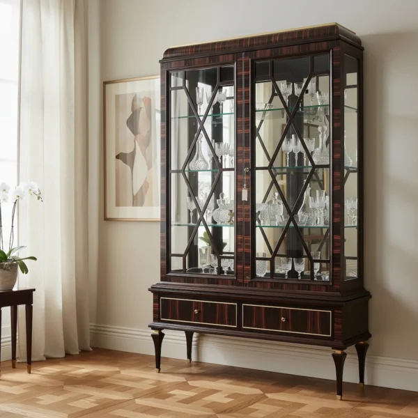 Luxury dark wood display cabinet with gold accents and glass shelves, perfect for living or dining rooms.