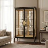 Vetrina di lusso in legno massello con colonne in ottone e ripiani in vetro, ideale per soggiorno o sala da pranzo.