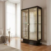 Luxury dark wood display cabinet with gold accents and glass shelves, perfect for living or dining rooms.