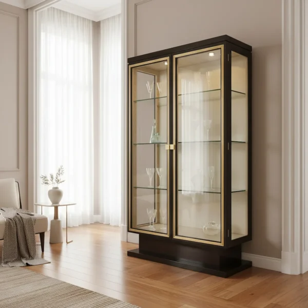 Luxury dark wood display cabinet with gold accents and glass shelves, perfect for living or dining rooms.